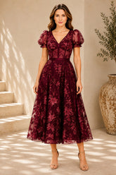 Burgundy Floral Embroidered Midi Dress