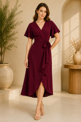 Burgundy Flutter Sleeve Wrap Midi Dress