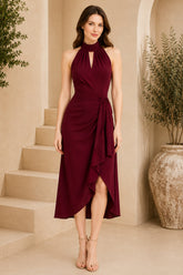 Burgundy Halter Draped Wrap Midi Dress