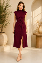 Burgundy High Neck Knot Waist Midi Dress