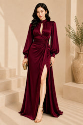 Burgundy Keyhole Balloon Sleeve Evening Gown