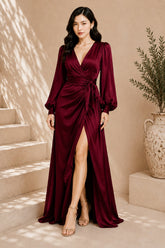 Burgundy Keyhole Balloon Sleeve High Slit Evening Gown