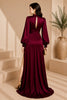Burgundy Keyhole Balloon Sleeve High Slit Evening Gown