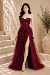 Burgundy Lace Applique High Slit Tulle Evening Gown
