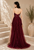 Burgundy Lace Applique High Slit Tulle Evening Gown