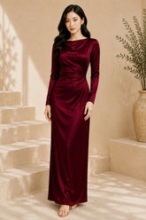 Burgundy Long Sleeve Draped Satin Column Gown