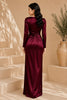 Burgundy Long Sleeve Draped Satin Column Gown
