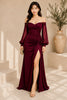 Burgundy Off Shoulder Ruched High Slit Evening Gown