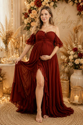 Burgundy Off Shoulder Ruffle High Low Maternity Dress