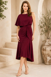 Burgundy One Shoulder Draped Midi Dress