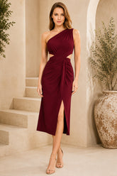 Burgundy One Shoulder Knot Waist Midi Dress