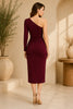 Burgundy One Shoulder Ruched Midi Dress