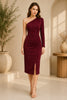 Burgundy One Shoulder Ruched Midi Dress