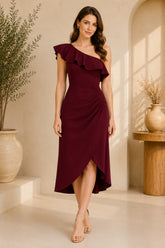 Burgundy One Shoulder Ruffle Midi Dress