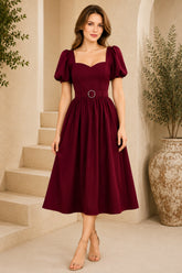 Burgundy Puff Sleeve Belted Midi Dress