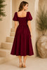 Burgundy Puff Sleeve Belted Midi Dress