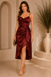 Burgundy Satin Cowl Neck Wrap Dress