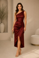 Burgundy Satin One Shoulder Ruched Midi Dress