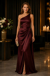 Burgundy Satin One Shoulder Evening Gown
