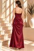 Burgundy Satin Ruched Maxi Dress