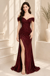 Burgundy Sequin Off-Shoulder Mermaid Evening Gown