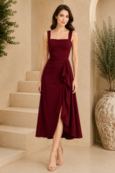 Burgundy Square Neck Cascade Draped Midi Dress