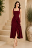Burgundy Square Neck Cascade Draped Midi Dress