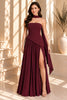 Burgundy Strapless Draped Cape Pleated Maxi Dress