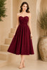 Burgundy Strapless Ruched Waist Midi Dress