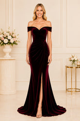 Burgundy Velvet Off Shoulder Gown