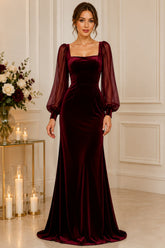 Burgundy Velvet Sheer Sleeve Evening Gown