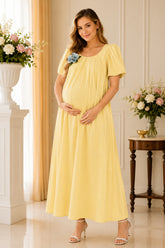 Butter Yellow Puff Sleeve Maternity Maxi Dress