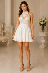 Celestielle Lace Halter Skater Mini Dress