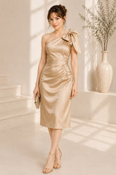 Champagne Bow Satin Elegance Midi Dress