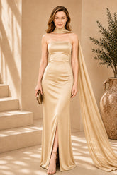 Champagne Cape Column Evening Gown