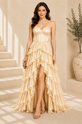 Champagne Corset Ruffle High Low Gown