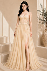 Champagne Corset Tulle High Slit Evening Gown
