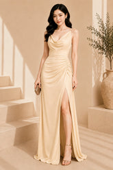 Champagne Cowl Neck High Slit Evening Gown