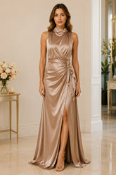 Champagne Elegance Satin Evening Gown