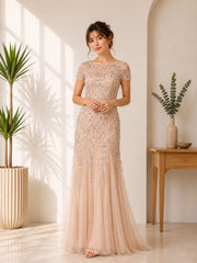 Champagne Floral Beaded Evening Gown