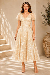 Champagne Floral Embroidered Midi Dress