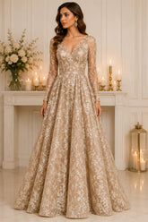 Champagne Floral Jacquard Ball Gown