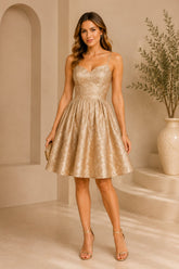 Champagne Floral Jacquard Fit and Flare Dress