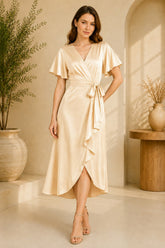 Champagne Flutter Sleeve Wrap Midi Dress