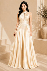 Champagne Halter Ruffle Evening Gown