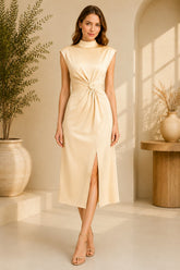 Champagne High Neck Knot Waist Midi Dress