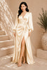 Champagne Keyhole Balloon Sleeve High Slit Evening Gown