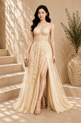 Champagne Lace Applique High Slit Tulle Evening Gown