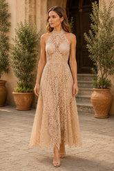 Champagne Lace Halter Evening Midi Dress