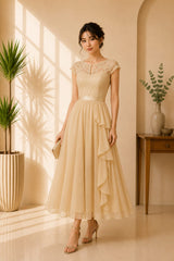 Champagne Lace Midi Party Dress